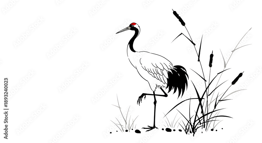 Fototapeta premium Elegant Red-Crowned Crane Illustration in Traditional Asian Ink Style.