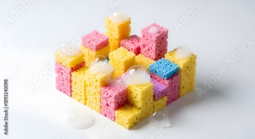 Isometric 3D Render of Miniature City Crafted from Cleaning Sponges, Yellow and Pink Cellulose Urban Model Concept