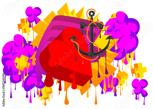 Heart and Anchor graffiti. Abstract modern street art decoration performed in urban painting style.
