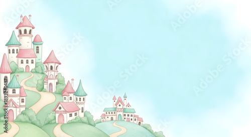 Watercolor Fantasy Castle Landscape with Pastel Colors and Dreamy Sky.
