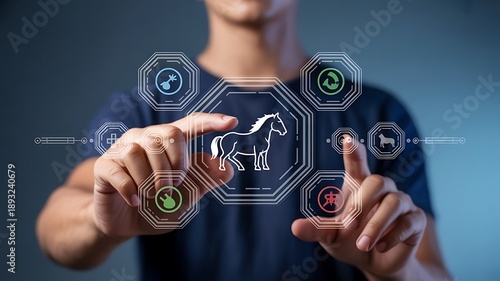 Man's hands interacting with a digital interface showing a horse and various action