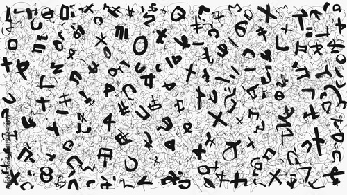 Abstract pattern of random letters and symbols.