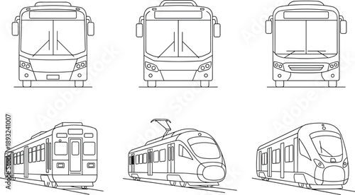 Bus and train front view line art set, detailed transportation illustrations of modern buses, rail vehicles, electric trains, and metro designs
