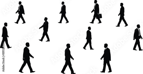Business men walking silhouettes in various poses professional male characters moving forward modern vector illustration for corporate office workforce design projects
