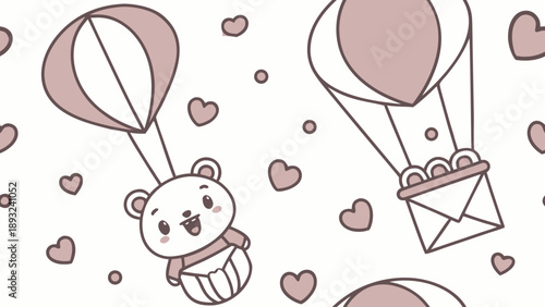 Cute Teddy Bear Hot Air Balloon with Hearts Seamless Pattern