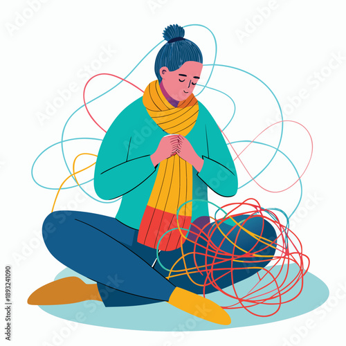 Person knitting a vibrant scarf from chaotic threads, representing creativity, transforming disorder into order and art.