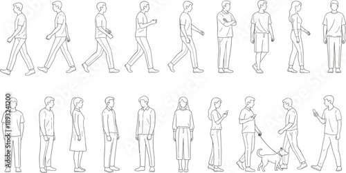 Casual people walking standing and interacting in various poses line art illustration showing everyday characters including dog walking and phone usage scenes