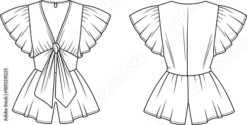 Women V Neck Short Romper Fashion Flat Sketch, Flutter Sleeve Playsuit with Waist Bow Technical Drawing, CAD Apparel Vector Illustration