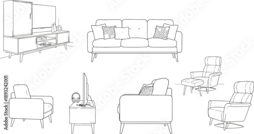 Modern furniture line art collection showcasing sofas armchairs recliners TV unit and home decor elements for interior design layout planning illustrations