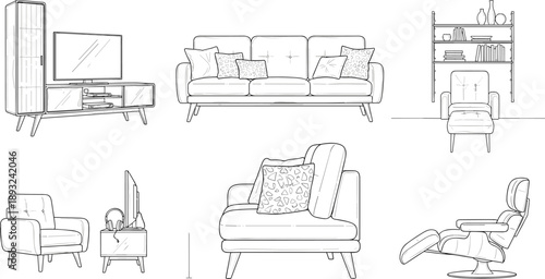 Modern furniture line art illustrations including sofa chairs recliner TV cabinet and shelves for interior design home decor and layout projects