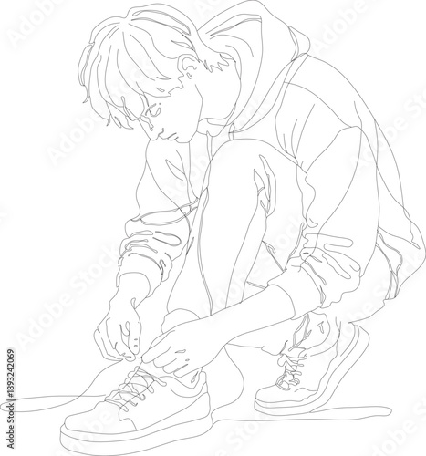 Minimalist line art of a teenager tying shoelaces
