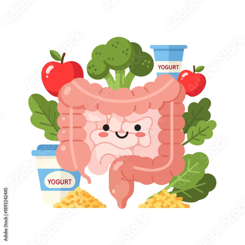 Cartoon Illustration of Human Digestive System with Healthy Food.