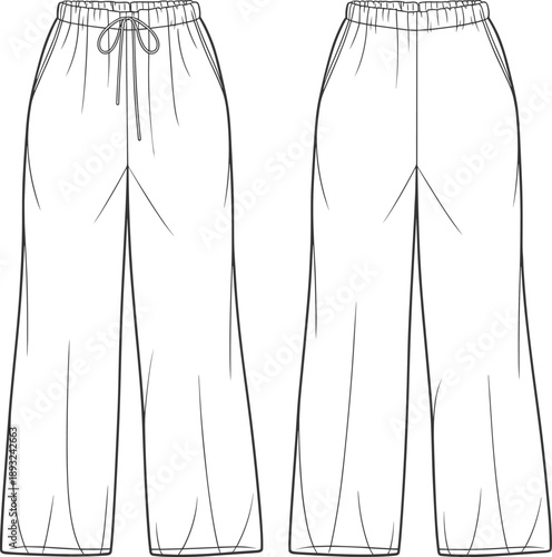 Women Wide Leg Drawstring Trousers Vector Technical Drawing Illustration, Front and Back View Casual Lounge Pants Apparel Fashion Design Template,