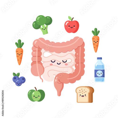 Cartoon Illustration of Human Digestive System with Healthy Foods.