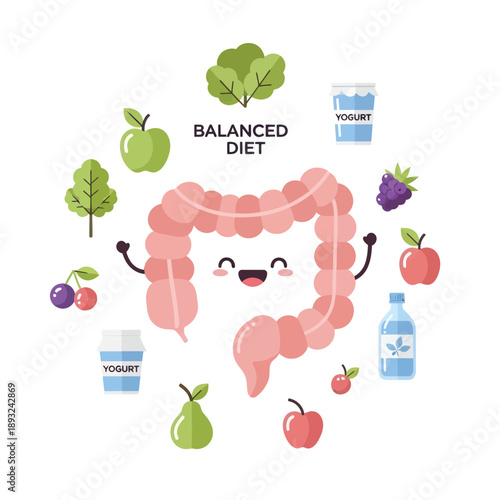 Happy Cartoon Intestine Surrounded by Healthy Foods.
