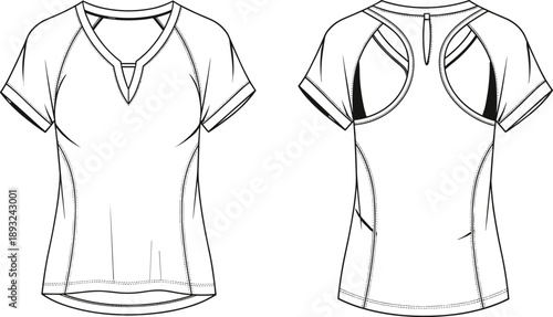 Women's activewear t-shirt fashion flat sketch vector, technical drawing of sports top with v-neckline and open racerback detail, apparel template