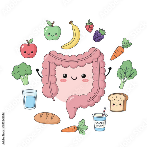 Cartoon Stomach Surrounded by Healthy Food.