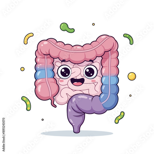 Cartoon Human Intestine Character with Bacteria.