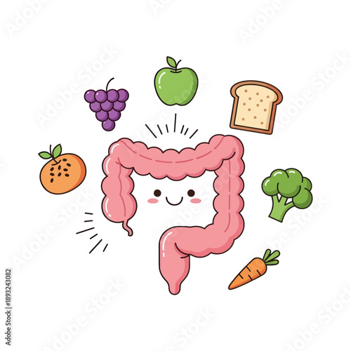 Happy Cartoon Stomach with Healthy Foods.