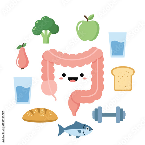 Cartoon Intestine with Healthy Food Surrounding.