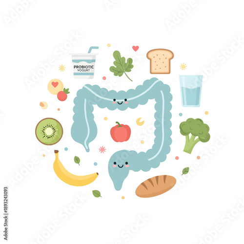 Cartoon Illustration of Human Digestive System with Fruits and Vegetables.