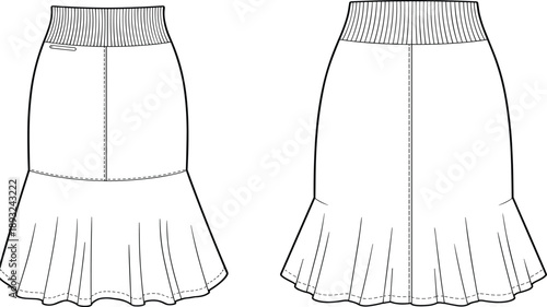 Women's Casual High Waisted Flared Midi Skirt Mockup, Front and Back View Apparel, Fashion Technical Vector Illustration Flat Sketch Template