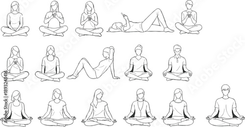 Sitting people collection featuring meditation poses, relaxed seated positions, smartphone use, casual lifestyle activities and mindfulness illustrations for design projects