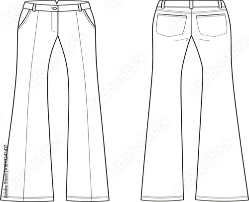 Women's Casual High Waisted Flared Trousers Pants Mockup, Front and Back View, Apparel Fashion Technical Vector Illustration Flat Sketch Template