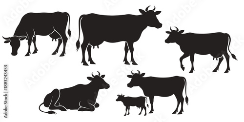 Black silhouettes of cows in various poses and sizes