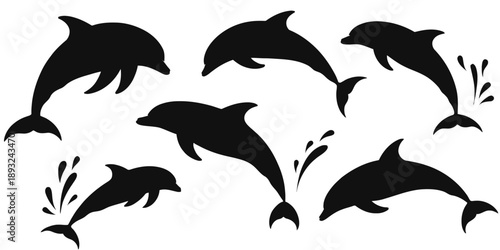 Dolphins jumping in ocean with playful silhouettes