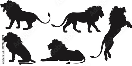 Set of five black lion silhouettes in various poses