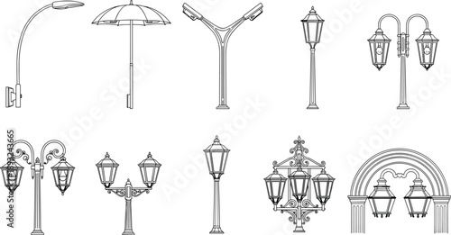 Street lamps and decorative lantern designs modern and vintage styles line art illustration set for outdoor lighting architecture urban landscape and design projects