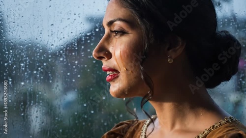 Wallpaper Mural Young Woman Crying Looking Out Rainy Window Sadness Emotion. Torontodigital.ca