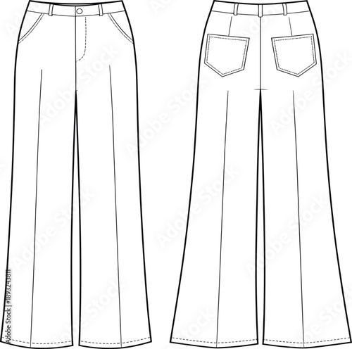 Women's Casual High Waisted Wide Leg Trousers Mockup, Front and Back View, Apparel Technical Vector Illustration Flat Sketch Template, Design
