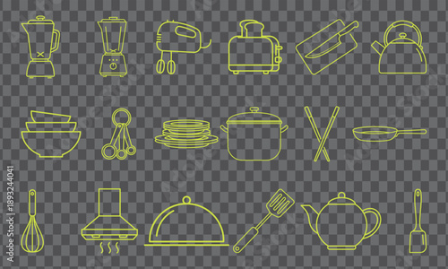 Vector set of minimalist outline kitchen icons. A collection of lime green kitchenware and appliance icons.