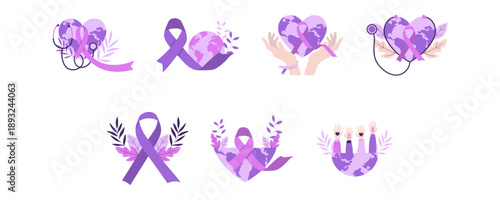 Set of world cancer day illustration for flyer, poster, greeting, banner. Purple ribbon, global, hands, cancer care  vector isolated. 