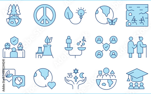A set of flat icons related to social responsibility. Environment, peace, community, responsibility, diversity, accessibility, and so on.