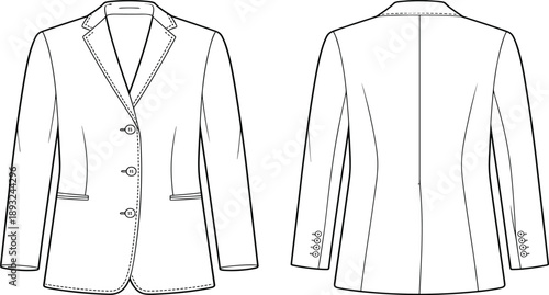 Women's Formal Tailored Suit Jacket Blazer Mockup, Front and Back View Office Apparel, Fashion Technical Vector Illustration Flat Sketch Template