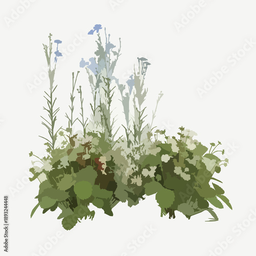 3D flax and fragaria plants isolated on white background for landscape architecture