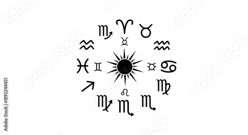 Astrology Zodiac Symbols Circle Around Sun Illustration.
