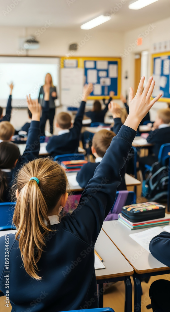 Fototapeta premium Student in Classroom Raising Hand