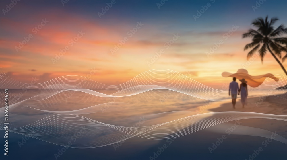 Obraz premium Romantic Couple Walking on Beach at Sunset with Soft Waves and Palm Trees