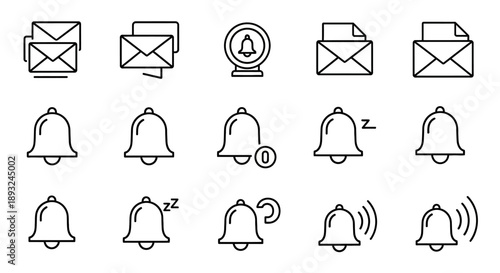 Notification, Bell, and Email Message Outline Icon Set. UI/UX Vector Symbols for App Alerts and Digital Communication.