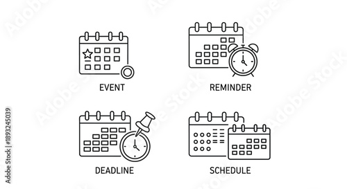 Time Management Calendar Icons Set: Event, Reminder, Deadline, and Schedule. Modern Line Art Vector UI/UX Graphics