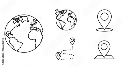 Global Location and GPS Map Pin Outline Icons Set. Navigation, travel route, and Earth tracking symbols.