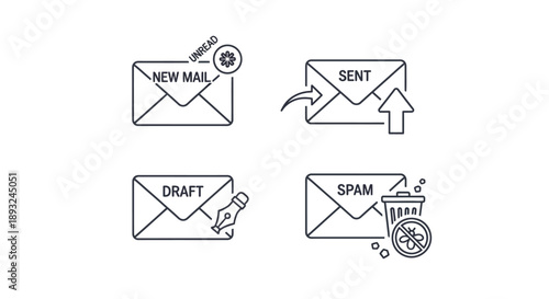 Email Workflow Line Icons: New Mail, Sent, Draft, and Spam Messages. Inbox Management UI/UX Symbols Set.
