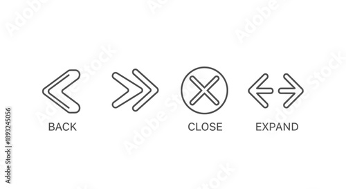Essential UI Navigation Line Icons: Back, Forward/Skip, Close Button, and Expand Arrow Set. Vector for App Interface and Web Design.