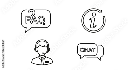 Customer Support and Help Desk Line Icons Set. Vector illustrations for FAQ, Chat, Information, and Call Center Agent.