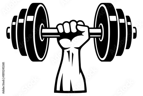 Black silhouette of a muscular arm emerging from the ground, lifting a heavy barbell.