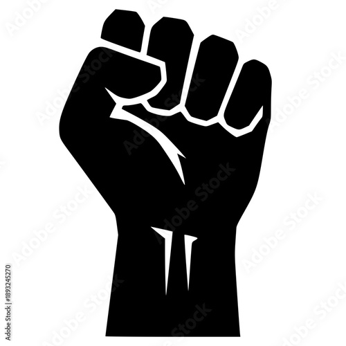 Bold black silhouette of a raised, clenched fist. Represents themes of power, solidarity, and strength.